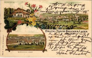 1900 Királyhida, Bruckújfalu Tábor, Brucker Lager, Bruckneudorf; Hauptwache, Baracken Lager / Főőrség és őrház, Barakk tábor / K.u.K. military barracks and camp, main guardhouse with guards. Schneider & Lux No. 746. Art Nouveau, floral, litho