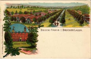 Lajtabruck, Bruck an der Leitha; Schloss Prugg, Brucker Lager / Kastély, Brucki tábor / castle, military barracks. Alex Klein No. 702. Art Nouveau, floral, litho