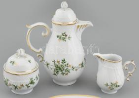 Hollóházi Erika mintás 'tét a tét' mokkás készlet. Tejkiöntőn apróbb csorba. Matricás porc...