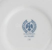 Hollóházi Erika mintás 'tét a tét' mokkás készlet. Tejkiöntőn apróbb csorba. Matricás porc...