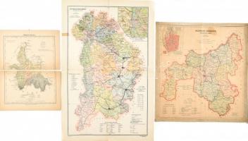 Vegyes vármegye térkép tétel, 3 db: Pest-Pilis-Solt-Kiskun, Szabolcs, és Brassó vármegye térképei, kettő szakadt, kettőn javításnyomokkal, 57x37 cm és 32x24 cm közötti méretekben