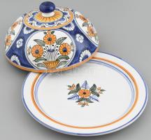 Sajttartó, habános jellegű, kézzel festett, mázas kerámia, jelzett, hibátlan, m: 11 cm, d: 22 cm