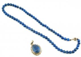 Lapisz lazuli nyaklánc, 42 cm + ezüst(Ag) medál lapisz lazuli kővel, jelzett, 3×2,5 cm