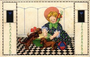 Children art postcard, girl with puppies. B.K.W.I. 633-6. (ázott sarkak / wet corners)