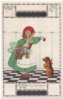 Children art postcard, girl with puppy. B.K.W.I. 633-3. (ázott sarkok / wet corner)