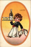 Italian children art postcard, waiter. Visto Revisione Stampa N. 884. artist signed