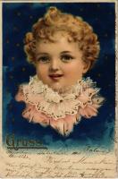 1900 Gruss / Children art postcard, head. litho (Rb)