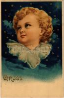 Gruss / Children art postcard, head. litho