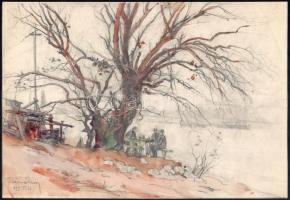Páris Erzsébet (1887-?): Vízparti hangulat, 1935. Ceruza, akvarell, papír, jelzett, 21×31 cm
