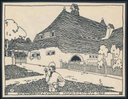 cca 1908 Kós Károly (1883-1977): Kis udvarház udvara, fametszet, papír, jelzett a dúcon, kartonra kasírozva, 11x15 cm