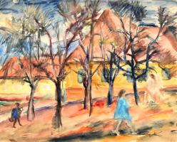 Sárkány Jolán (1907-1985): Sétálók. Akvarell, papír, jelzett, lap széle kissé sérült, 32,5×40 cm