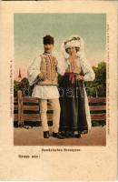 1910 Román jegyespár / Rumänisches Brautpaar / Romanian folklore, couple. Siebenbürgische Volkstypen-Karte Nr. 5. Chromophot. v. Jos. Drotleff (vágott / cut)