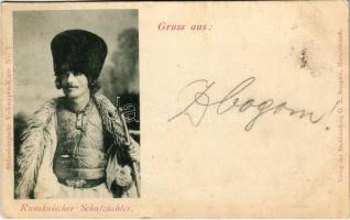 1898 Rumänischer Schafzüchter / Román juhász / Romanian folklore, shepherd. Siebenbürgische Volkstypen-Karte No. 5. (EK)