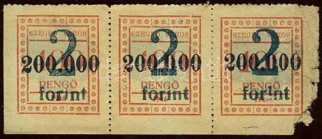 Szeged 1946. Városi Közmunka III. 4000P/200.000P/2Ft fny-sal, 3-as vízszintes csíkban, Adamovszky nem említi, ill. "egyéb" változatok lehetnek! T:I jobb alsó sarok tépéshiánnyal