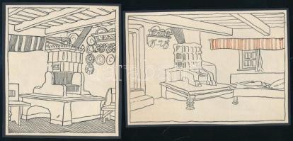 cca 1900-1910 Kós Károly (1883-1977): 2 db szobabelső, fametszet, papír, jelzés nélkül, kartonra kasírozva, 10x15 cm, 12x11 cm