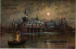 1910 Budapest XIV. Városliget, Vajdahunyad vára. Glückliches Neujahr! Újévi üdvözlet. Emil Gerstenberger Baumeister (vágott / cut)