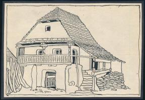 cca 1900-1910 Kós Károly (1883-1977): Házterv, fametszet, papír, jelzés nélkül, kartonra kasírozva, 11x15 cm