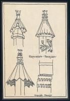 cca 1900-1910 Kós Károly (1883-1977): "Kapuzábé Parajdon, kapuláb Parajd", fametszet, papír, jelzés nélkül, kartonra kasírozva, 16x11 cm