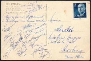 Kocsis Sándor (1929-1979) labdarúgó és mások aláírása Barcelonából küldött képeslapon