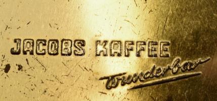 Jacobs Art Deco kávés doboz, pléh, erősn kopott, m: 12cm, d: 14 cm