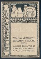cca 1908 Zsolnay Vilmos-féle keramiai gyárak Pécs, szecessziós Zsolnay-reklám, papír kartonra kasírozva, jelzés nélkül, 18x12,5 cm