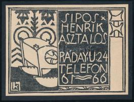 cca 1910 Kozma Lajos (1884-1948): Sipos Henrik Asztalos. Ráday u. 24. Telefon 61-66., reklám grafika, papír, klisé, kartonra kasírozva, 13x9,5 cm