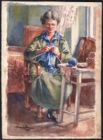 Ócsvár Rezső (1877-1968): Kötögető hölgy. Akvarell, papír, jelzett, lap széle kissé foltos, 38,5×28 cm