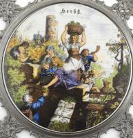 Négy évszakos matricás porcelán fali dísztál (4db), ón foglalatban, ón jelzett, kopott, d: 18,5cm