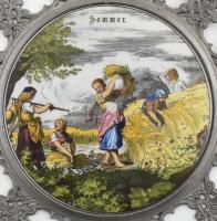 Négy évszakos matricás porcelán fali dísztál (4db), ón foglalatban, ón jelzett, kopott, d: 18,5cm