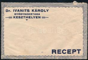 Dr. Ivanits Károly Gyógyszertára Keszthelyen receptboríték, szakadással