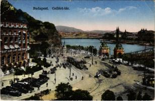 1929 Budapest XI. Szent Gellért tér, Gellért gyógyfürdő és szálloda, villamos, barlangkápolna, automobilok (EB)