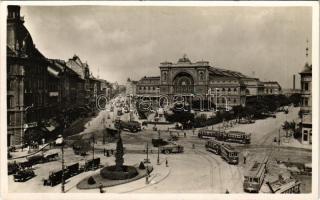 1932 Budapest VII. Keleti pályaudvar, vasútállomás, Baross szobor, villamosok, automobilok