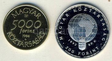 1992. 5000Ft Au 7,77g "Túzok" + 200Ft Ag "Fehér gólya" párban, díszdobozban, tanúsítvánnyal! T:PP