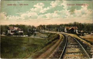 1906 Piliscsaba, Klotildtelep, villa részlet, vasútállomás. Blau Adolf kiadása + ESZTERGOM - BUDAPEST 218 vasúti mozgóposta bélyegző (EB)