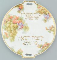 Imperial Austria jelzett matricás porcelán tányér, héber felirattal, jelzett, kopott, d: 28 cm