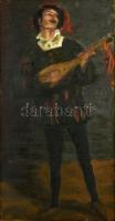 Jelzés nélkül, feltehetően a XIX. sz végén/XX. sz. elején működött festő alkotása: Mandolinos énekes. Olaj, vászon, fa keretben, 59×31,5 cm
