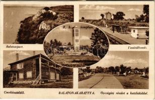 1943 Balatonakarattya, Balatonpart, Cserkész üdülő, vasútállomás, Római katolikus templom, országút részlet a kettőshíddal