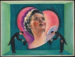 Női arc színpadon. Plakát vagy reklámgrafika terv, 1940 körül. Akvarell, ceruza, papír. Hátoldalán Ötlet Reklámgrafikai Műhely bélyegzőjével. 16,5x21,5 cm.
