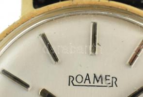 Arany (Au/14k) Roamer női karóra, mechanikus szerkezettel, kopott, jelzett, működik, bőr szíjjal, br...