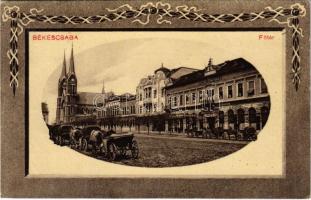 1911 Békéscsaba, Fő tér, Polgári leány iskola, lovaskocsik