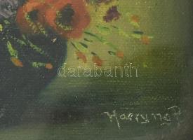 Olvashatatlan jelzéssel: Csendélet. Olaj, kartonra kasírozott vászon. 8x14cm, sérült üvegezett keret...