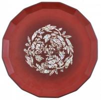 Japán nagyméretű lakk tálca gyöngyház berakással, kopott, apró lakk lepattanások. d: 35cm, m: 7cm