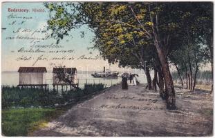 1912 Badacsony, kikötő, fürdőkabinok, gőzhajó. Löwy B. kiadása (EK)
