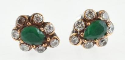 Aranyozott ezüst(Ag) fülbevalópár zöld kővel, jelzett, 1,5×1,1 cm, bruttó: 5,34 g