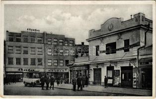 1938 Ungvár, Uzshorod, Uzhhorod, Uzhorod; Bata és Kovács üzlete, színház, autóbusz az utcán / street, shops, theatre, autobus + "1938 Ungvár visszatért" So. Stpl (fl)