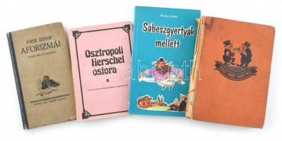 4 db zsidó humor könyv: Kner Izidor aforizmái, Vadász Miklós rajzaival, Nagy Imre 5000 vicc. Bp., 1932 Ojság. Hiányzó gerincű vászonkötésben. Osztripoli Herschel ostora, Sábeszgyertyák mellett.