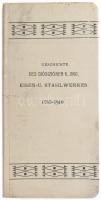 Geschichte des Diósgyőrer K. Ung. Eisen- und Stahlwerkes. 1765-1910. (A Diósgyőri M. Kir. Vas- és Acélgyár története. 1765-1910.) Miskolc, 1910., Szelényi és Társa, 85 p.+2 (Situationsplan des Eisen- und Stahlwerkes, Situationsplan der Fabrikskolonie, kihajtható térképek, 21x40 cm, 21x32 cm) t. Az elülső borító belsejében a diósgyőri gyár látképével: Ansicht des Diósgyőrer Eisen- und Stahlwerkes im Jahre 1900. Német nyelven. Kiadói szecessziós egészvászon-kötés, a borítón kis foltokkal, jó állapotban. Rendkívül ritka!