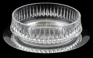 Üveg kínáló tálka, fém alátéttel d: 17 cm, d: 23 cm