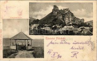 1904 Fülek, Filakovo; vár, Csevice forrás. Andor Ernő kiadása / castle, spring + ODERBERG-BUDAPEST 22. SZ, vasúti mozgóposta