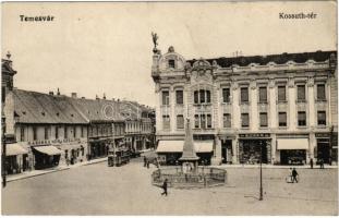 Temesvár, Timisoara; Kossuth tér, szobor, villamos, Marokkaner szálloda, Nenadovits, Schill Károly, Grosz Lajos, Bleier M., Schneider János üzlete / square, tram, shops, monument, hotel (EB)